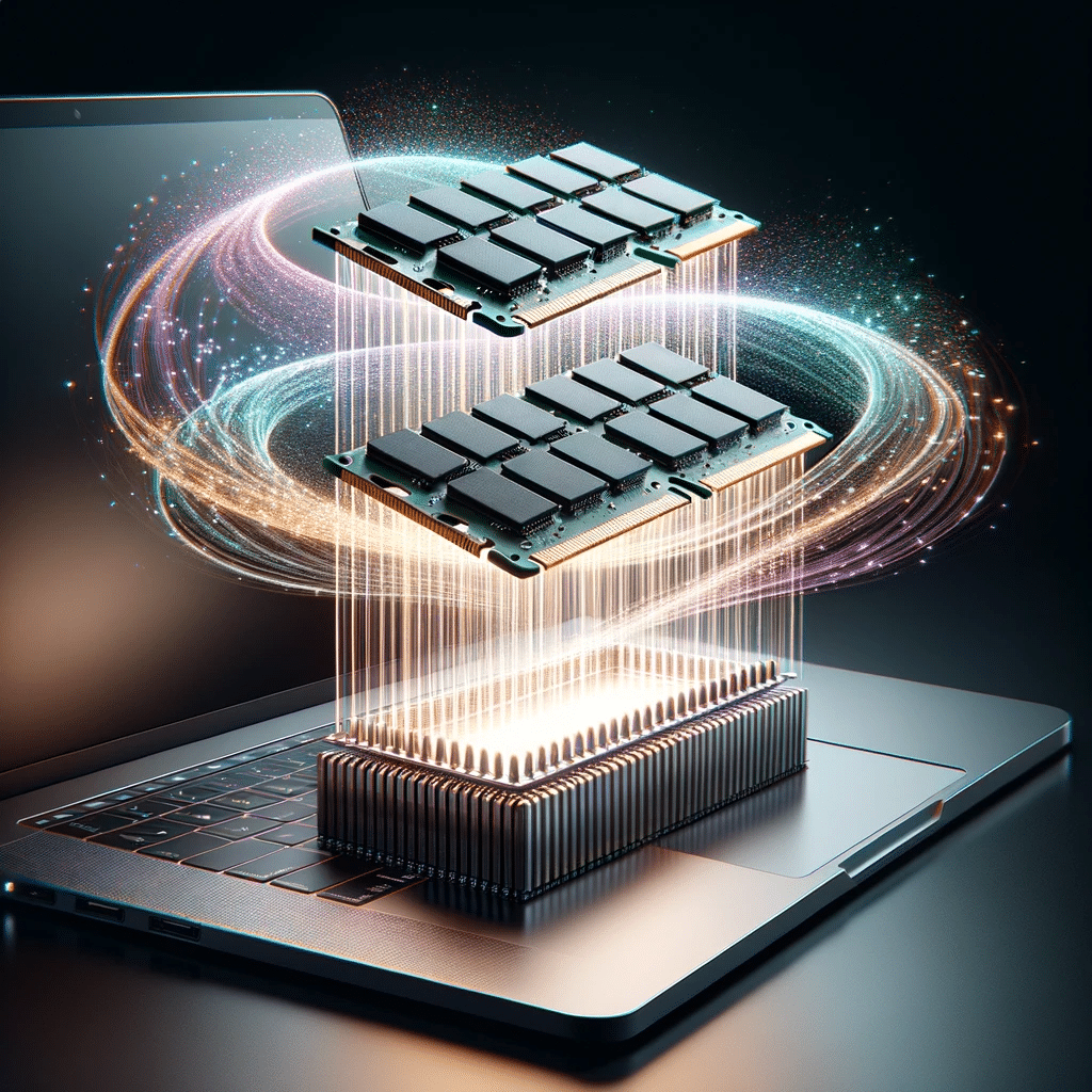 Dall·e 2023 10 26 18.26.04 Render Of A Sleek Macbook With Ram Sticks Levitating Over It. Delicate Strands Of Digital Light Shimmering In A Spectrum Of Colors Link The Ram Modu
